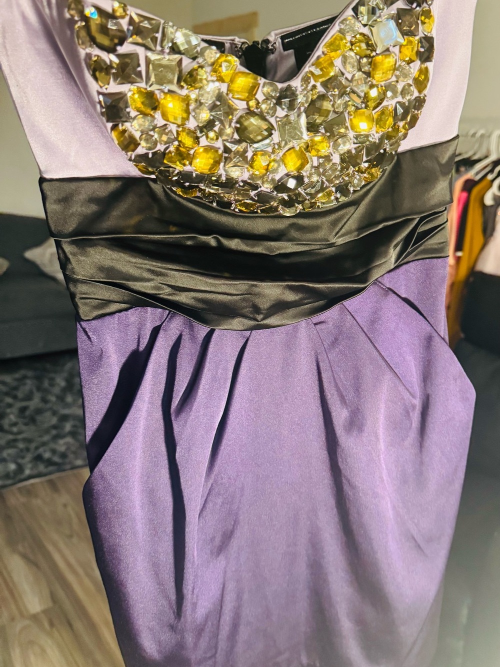 bebe Purple Pencil Skirt with Black Waistband and Gold Jeweled Accent